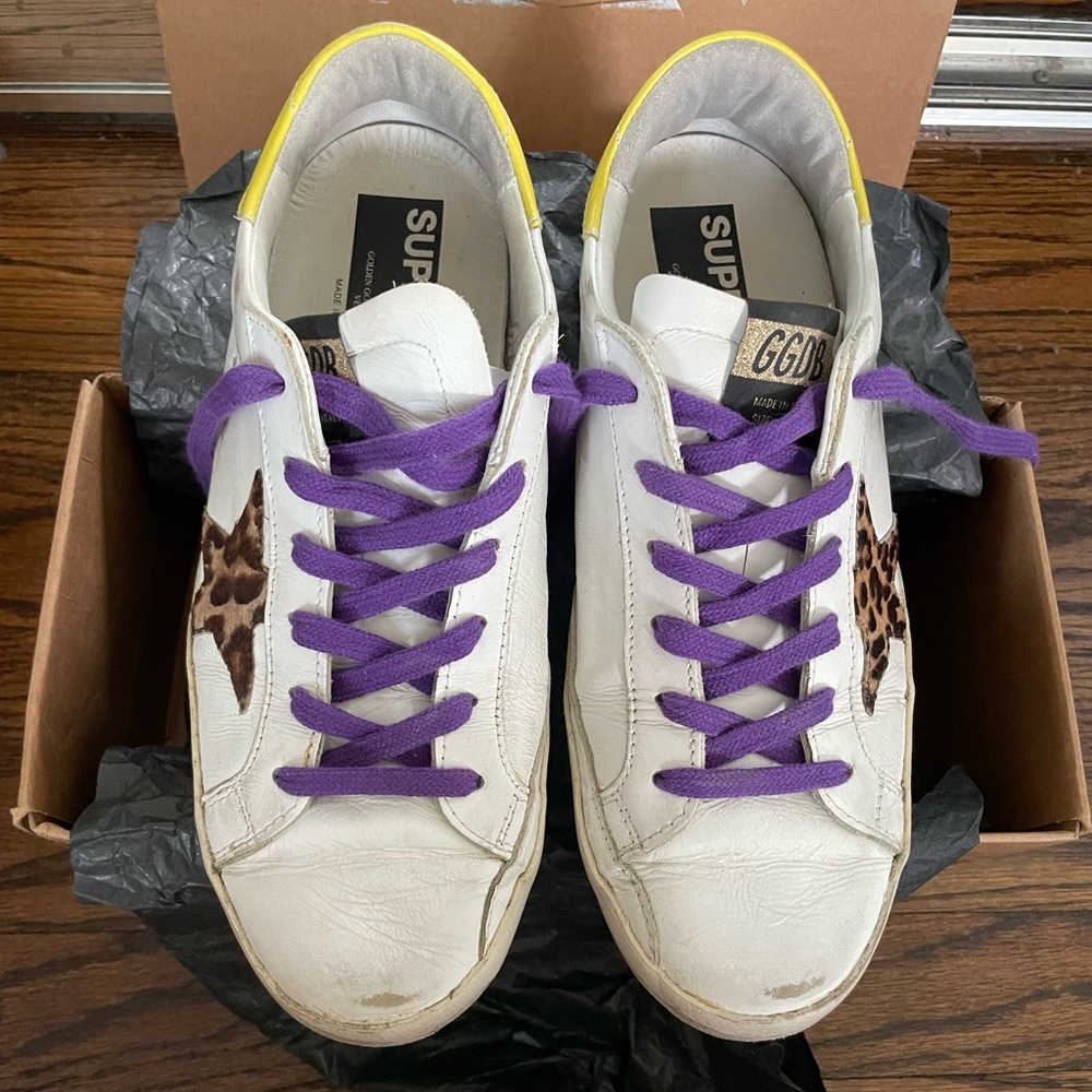 Golden Goose White Yellow Leopard Sneakers